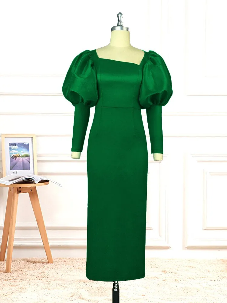 DressBetty - Green Long Dresses Square Collar Lantern Sleeve Evening Party Gowns