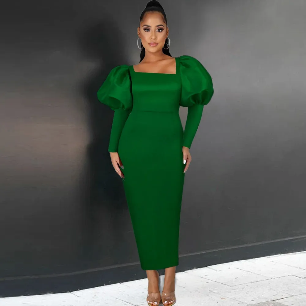 DressBetty - Green Long Dresses Square Collar Lantern Sleeve Evening Party Gowns