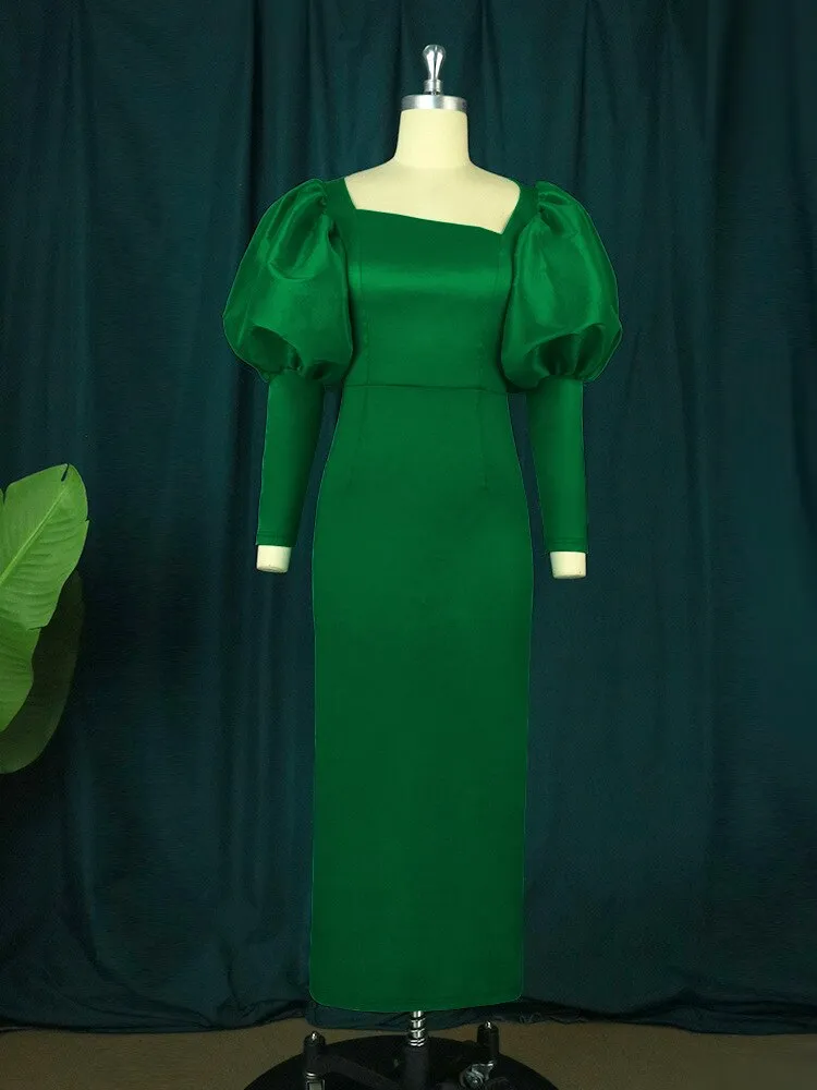 DressBetty - Green Long Dresses Square Collar Lantern Sleeve Evening Party Gowns