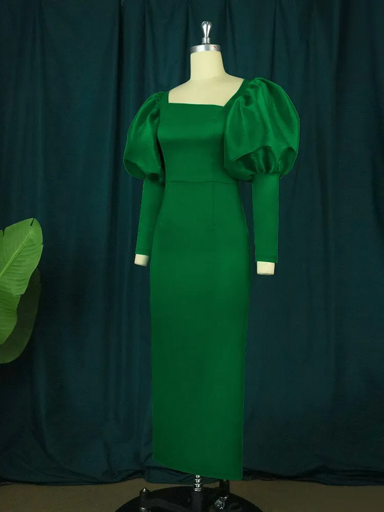 DressBetty - Green Long Dresses Square Collar Lantern Sleeve Evening Party Gowns