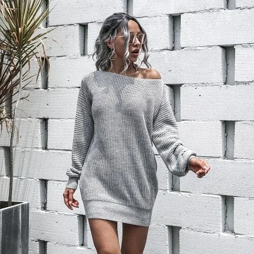 DressBetty - Off-shoulder Lantern Sleeve Knitted Sweater Dress