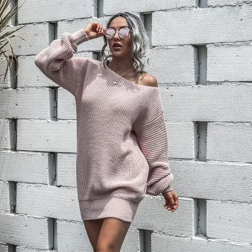 DressBetty - Off-shoulder Lantern Sleeve Knitted Sweater Dress