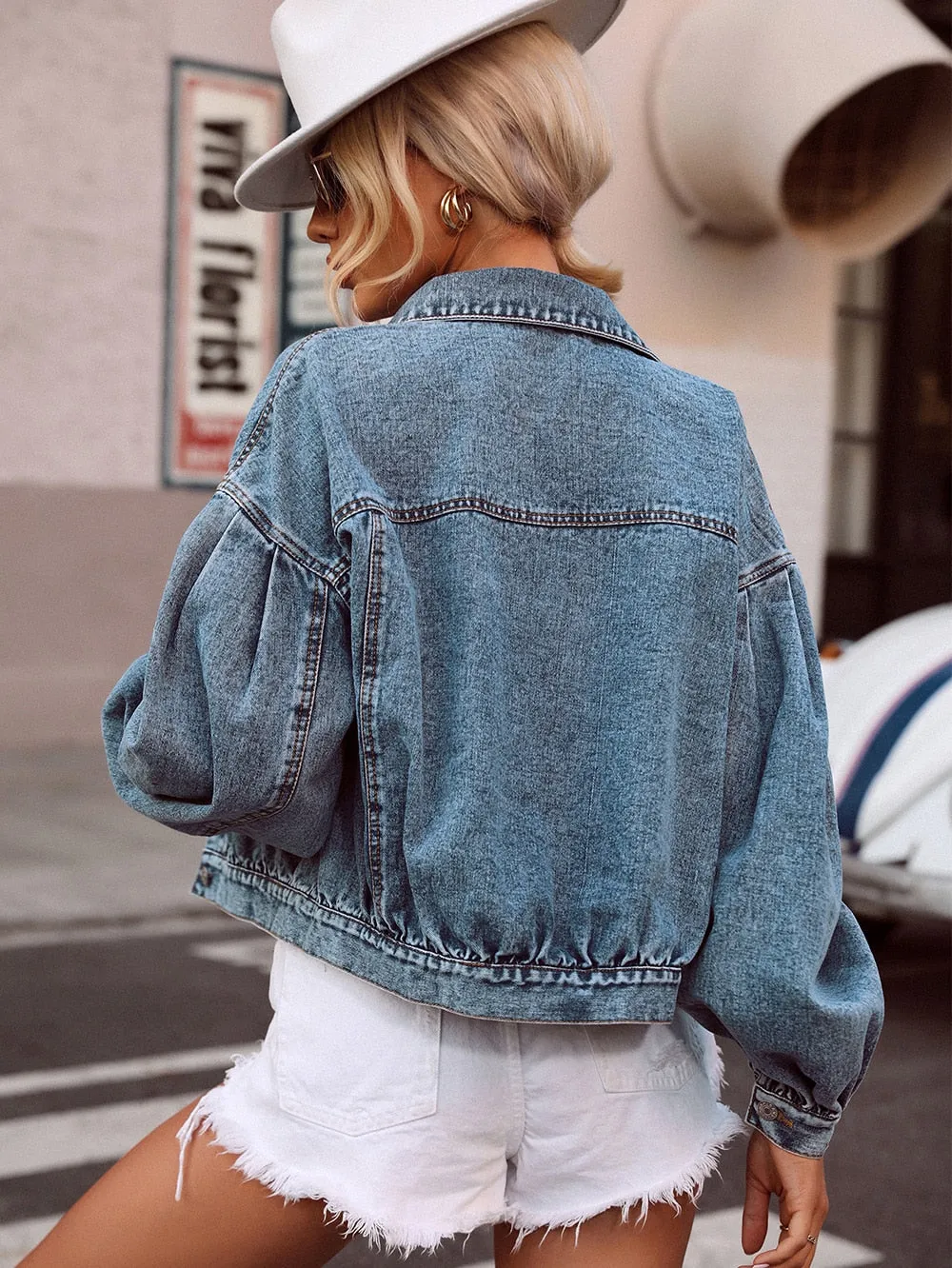 DressBetty - Single Breasted Lantern Sleeve Denim Jacket