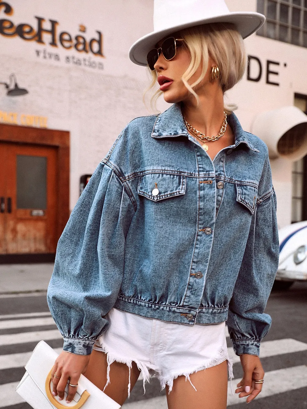 DressBetty - Single Breasted Lantern Sleeve Denim Jacket