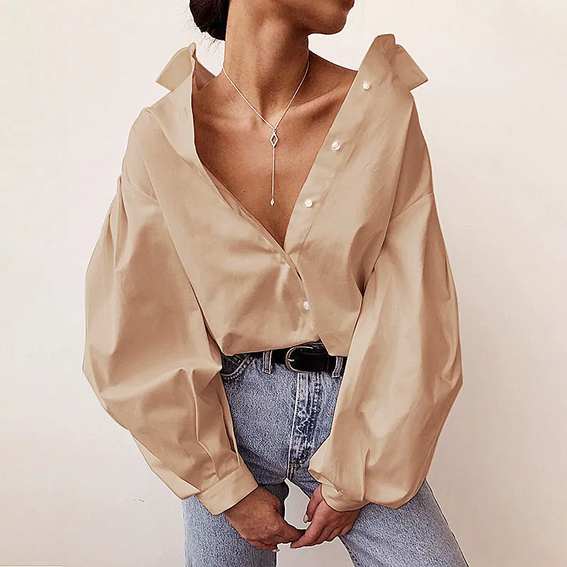 DressBetty - Solid Color Lapel Lantern Sleeve Blouse