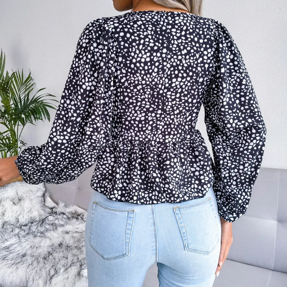 DressBetty - Summer Leopard Print Chiffon Shirt Fashion V-Neck Lantern Long Sleeve Ruffle Hem Top