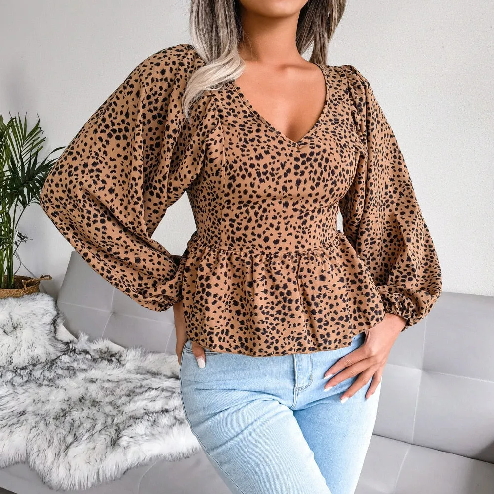 DressBetty - Summer Leopard Print Chiffon Shirt Fashion V-Neck Lantern Long Sleeve Ruffle Hem Top