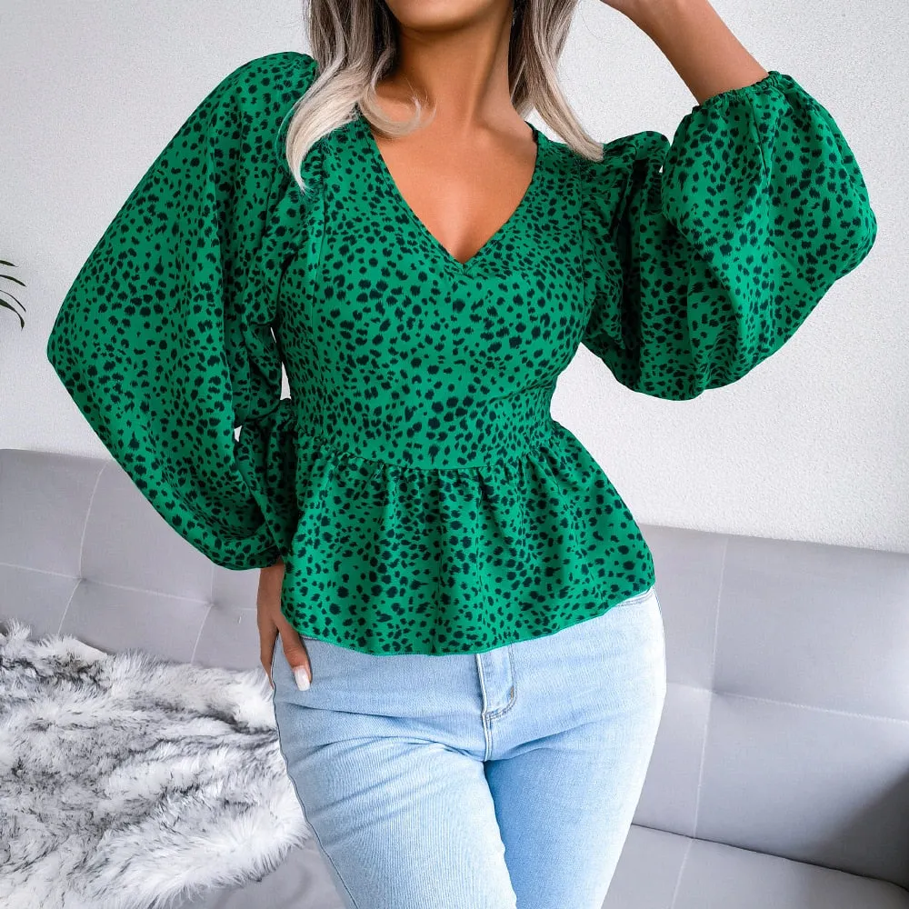 DressBetty - Summer Leopard Print Chiffon Shirt Fashion V-Neck Lantern Long Sleeve Ruffle Hem Top