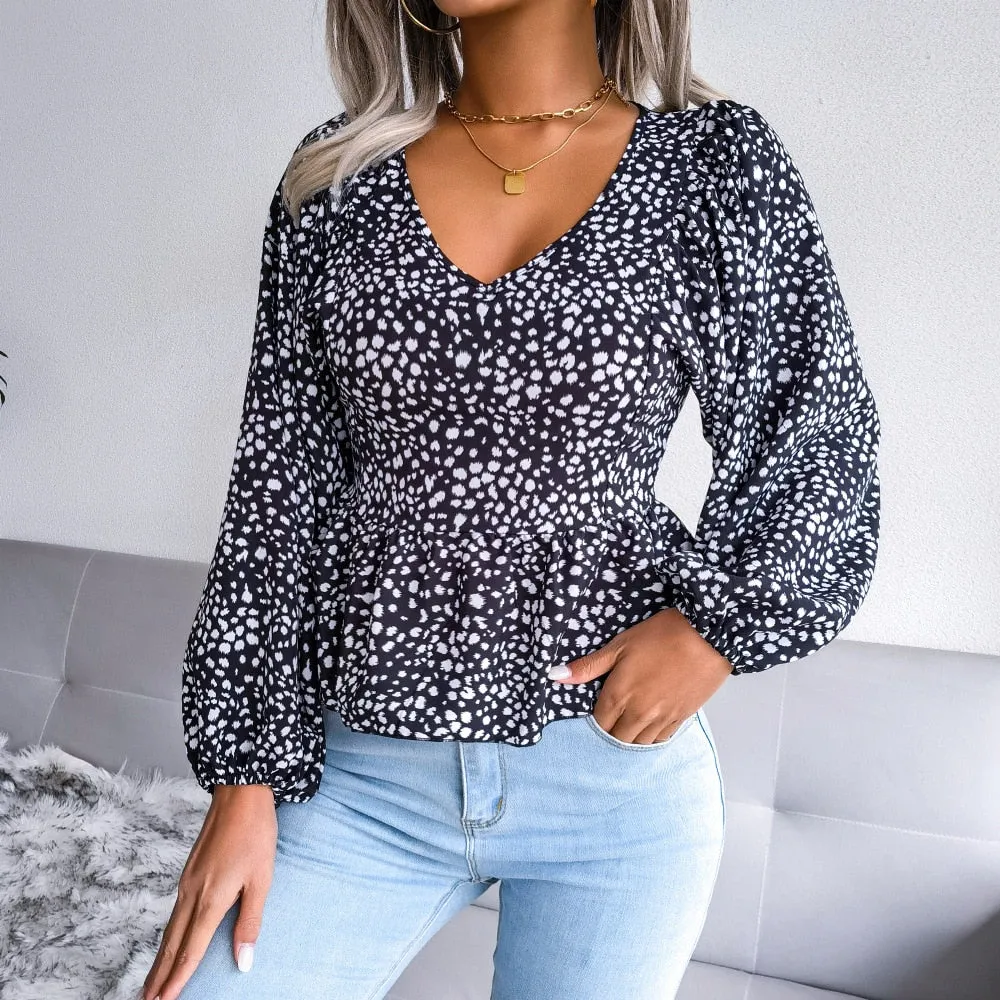 DressBetty - Summer Leopard Print Chiffon Shirt Fashion V-Neck Lantern Long Sleeve Ruffle Hem Top