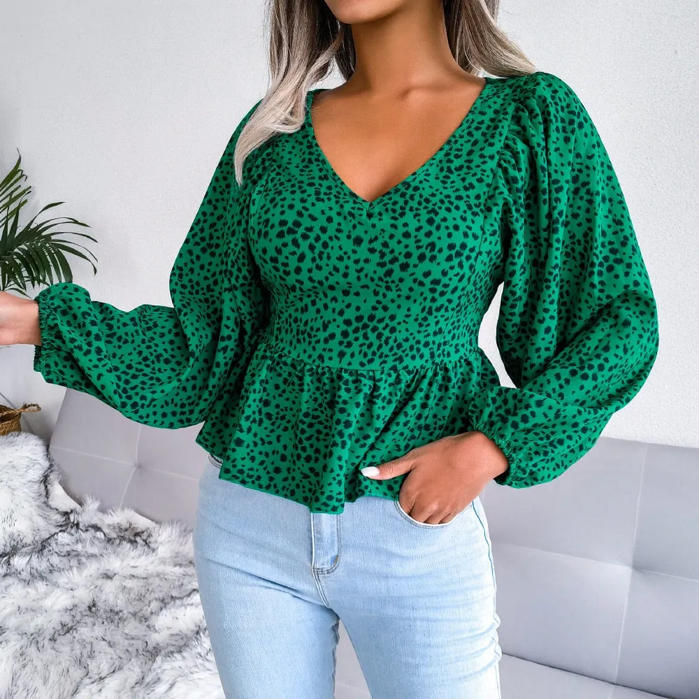 DressBetty - Summer Leopard Print Chiffon Shirt Fashion V-Neck Lantern Long Sleeve Ruffle Hem Top