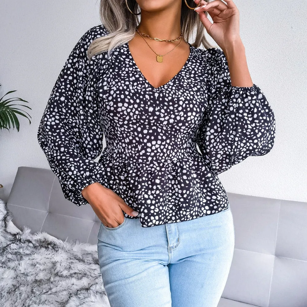 DressBetty - Summer Leopard Print Chiffon Shirt Fashion V-Neck Lantern Long Sleeve Ruffle Hem Top