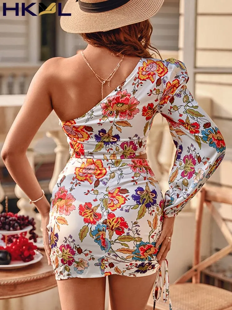 DressBetty - Women Fashion Floral Print Cutout Lantern Long Sleeve Dress