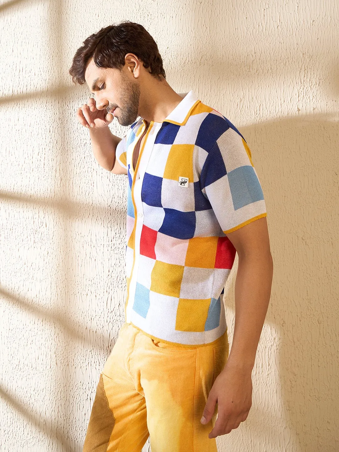 Ecru Colour Blocked Knitted Shirt