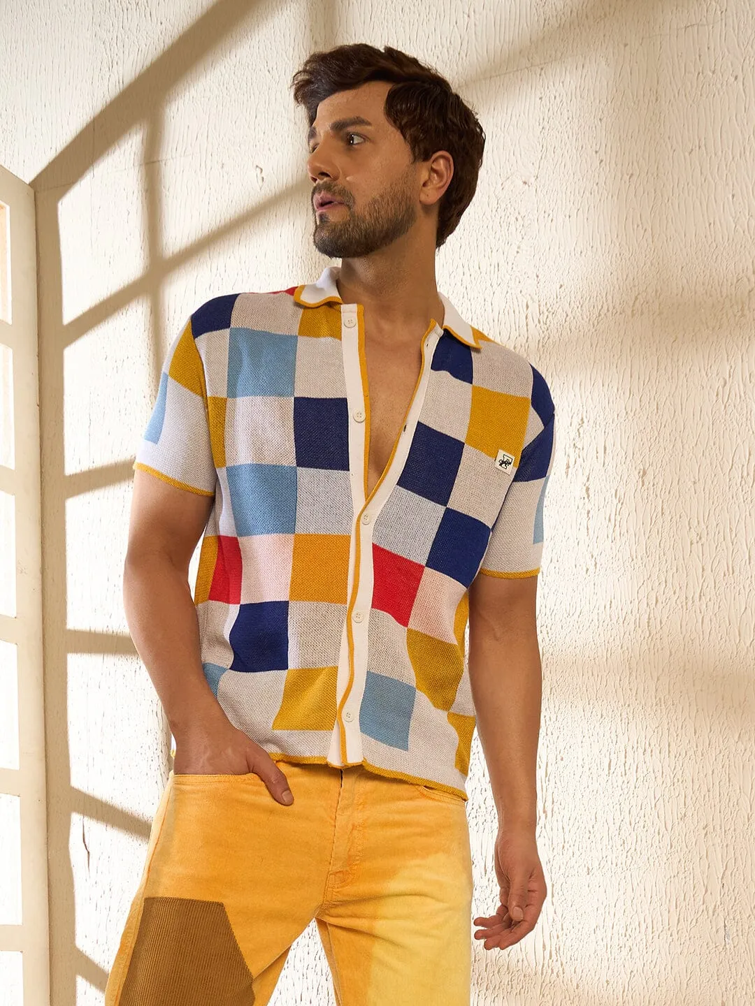 Ecru Colour Blocked Knitted Shirt