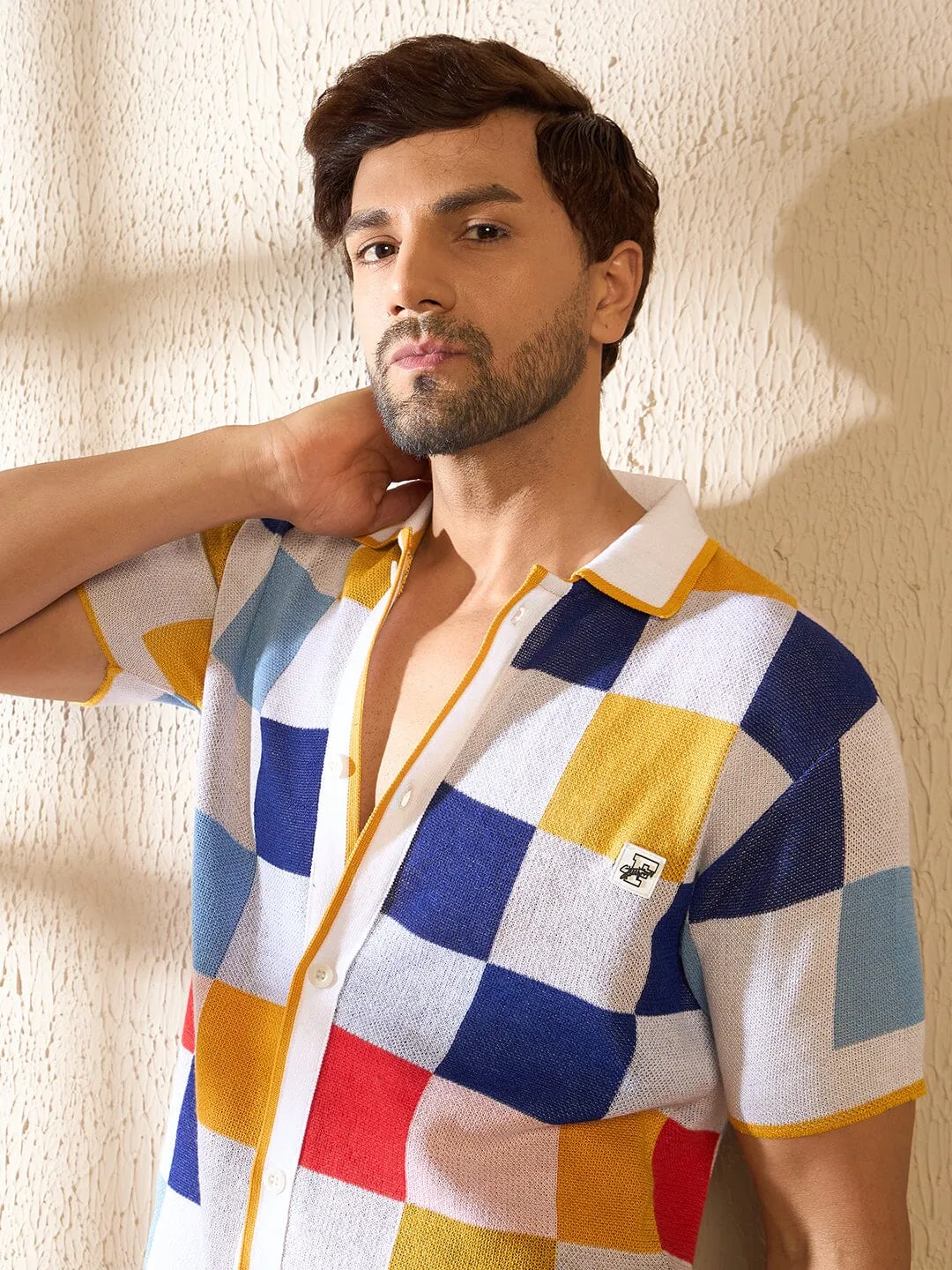 Ecru Colour Blocked Knitted Shirt