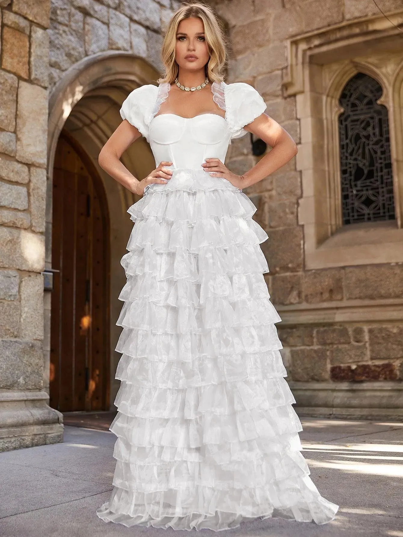 Elegant Puff Sleeve Layered Ruffle Hem Wedding Dress