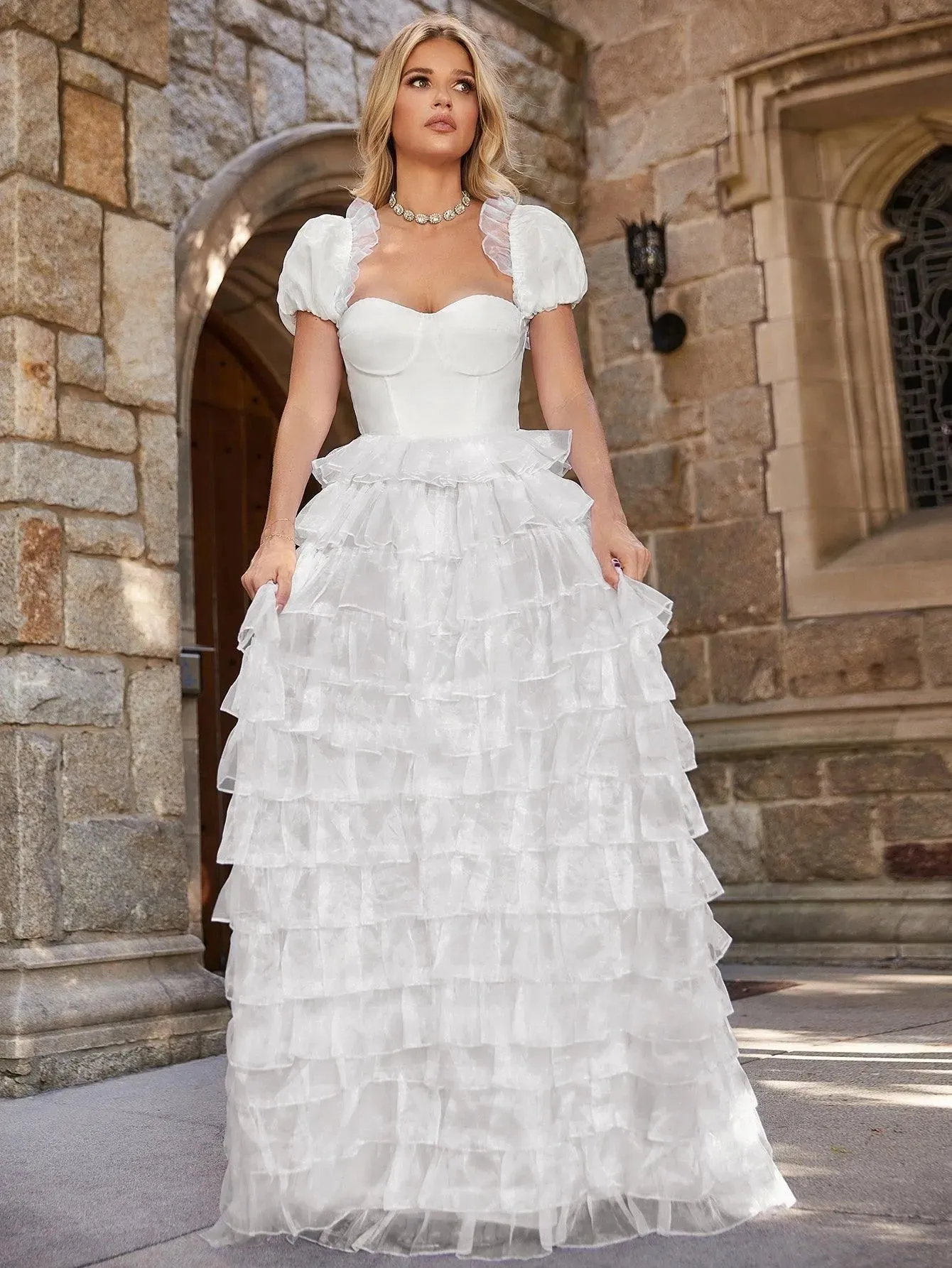 Elegant Puff Sleeve Layered Ruffle Hem Wedding Dress