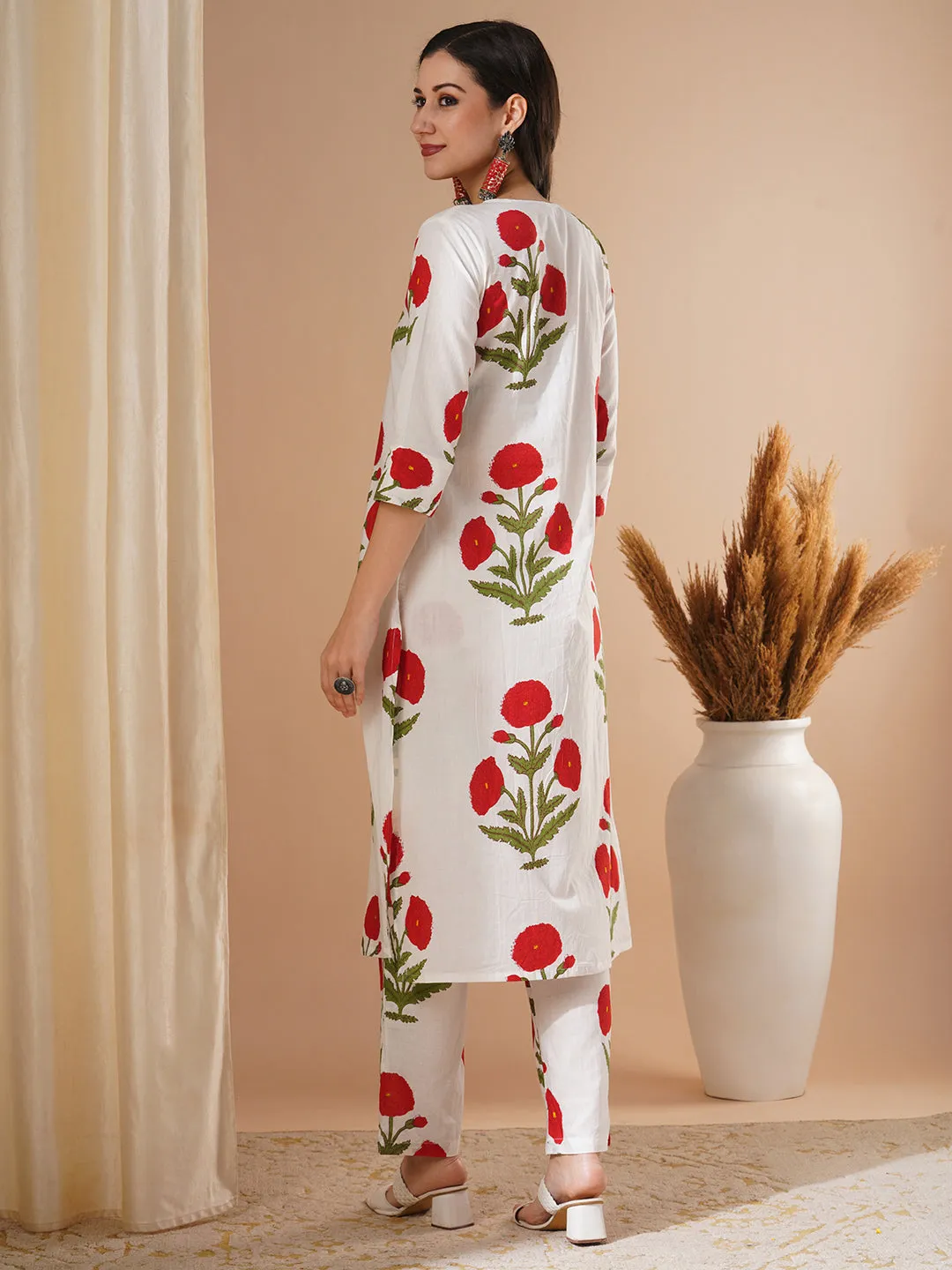 Ethnic Floral Block Printed A-Line Co-ord Set - Red