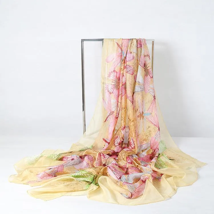 Extra Large Square Chiffon Scarf Champagne Theme Butterfly Print CHF104