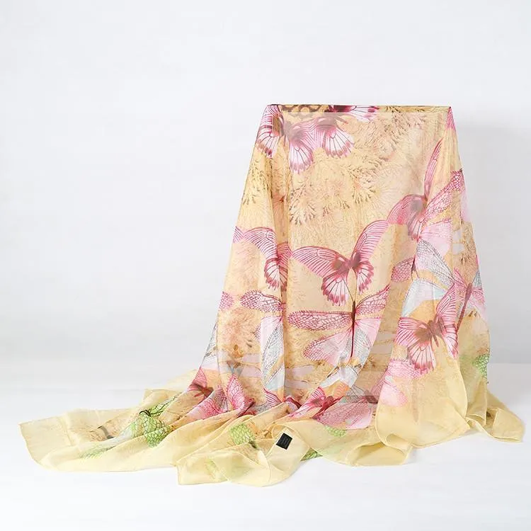 Extra Large Square Chiffon Scarf Champagne Theme Butterfly Print CHF104