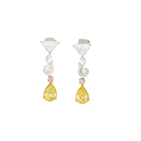 Fancy Vivid Yellow, Pink Diamond and GIA Diamond 18K Earrings