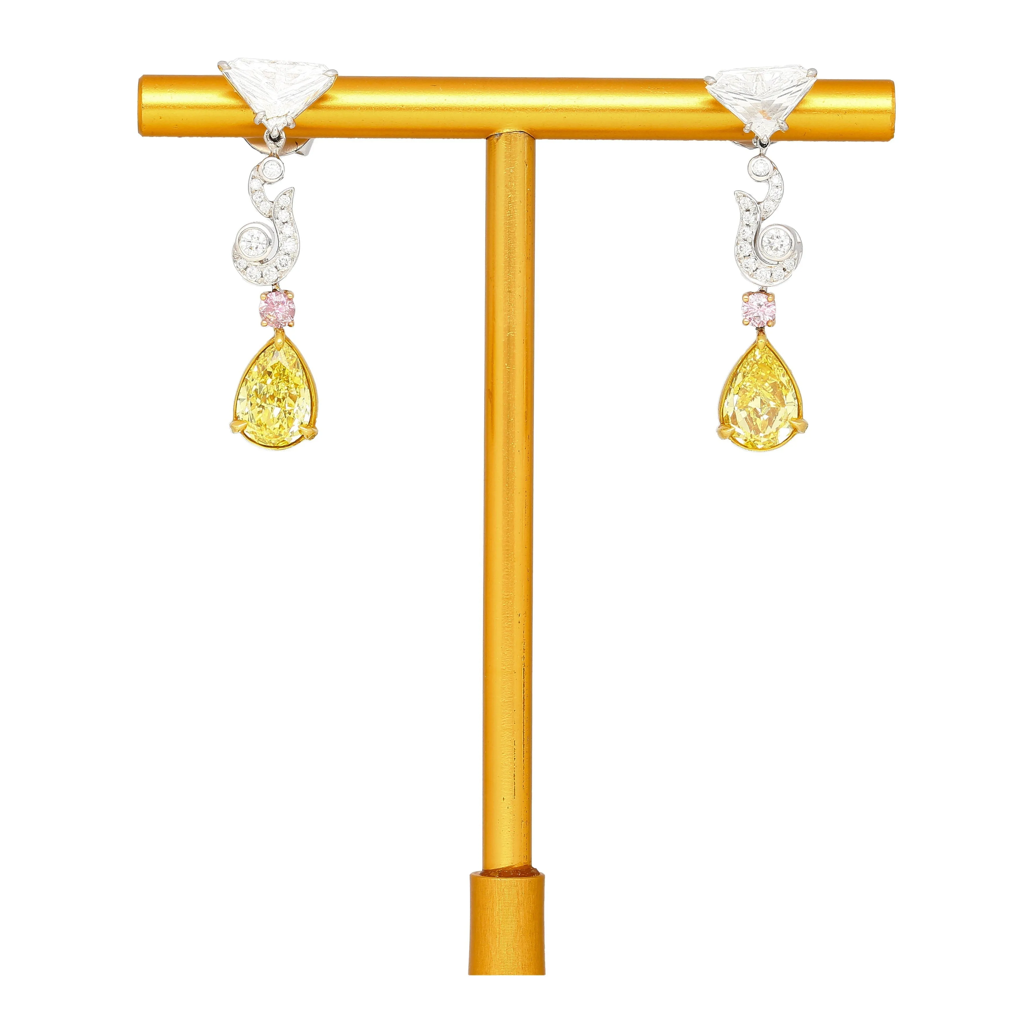 Fancy Vivid Yellow, Pink Diamond and GIA Diamond 18K Earrings