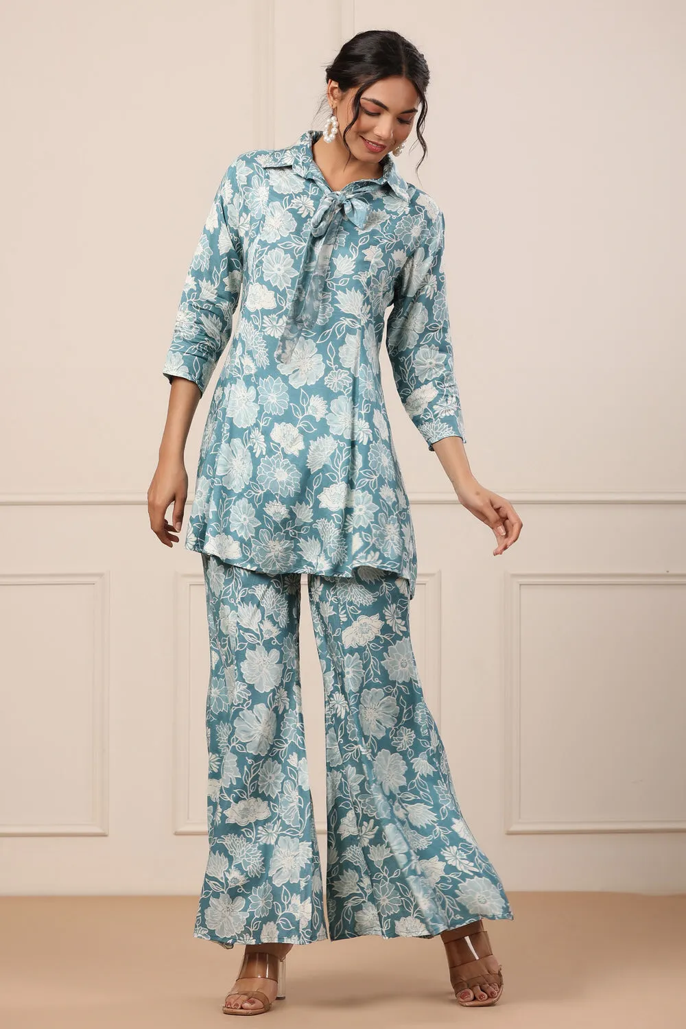 Floral Blue Silk Co-ord set