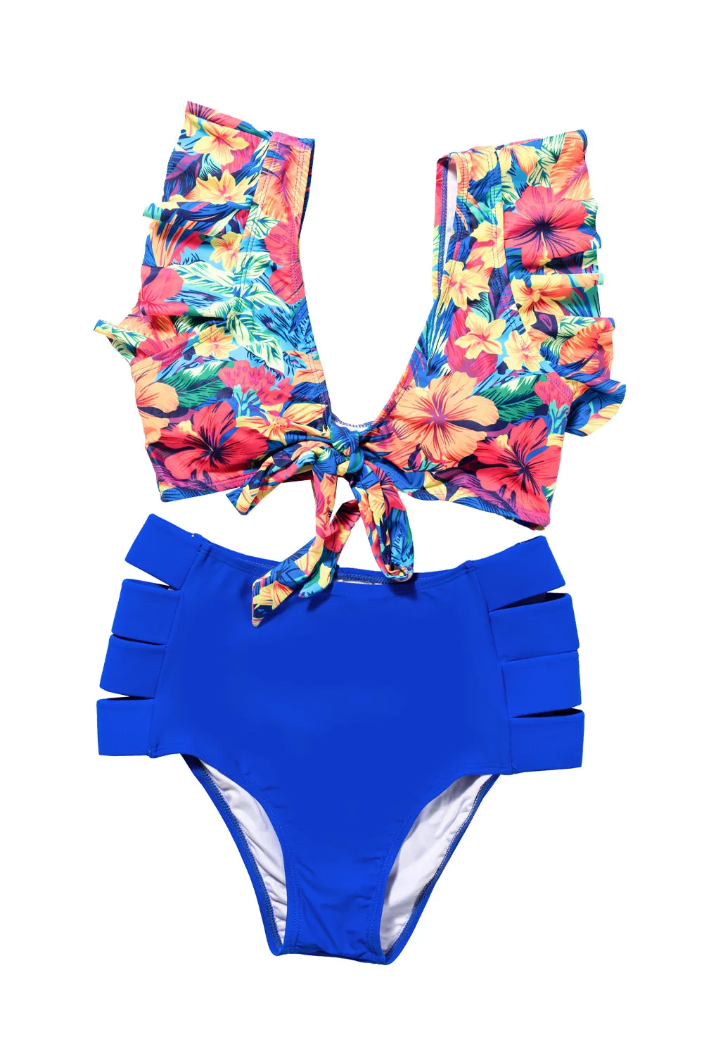 Floral Print Front Tie High Waist Bikini Swimsuit with Ruffles