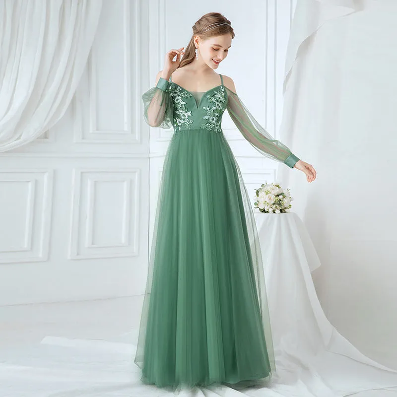 Fresh Light Green Soft Tullie Lace Appliques Beading Floor-length Formal Gown