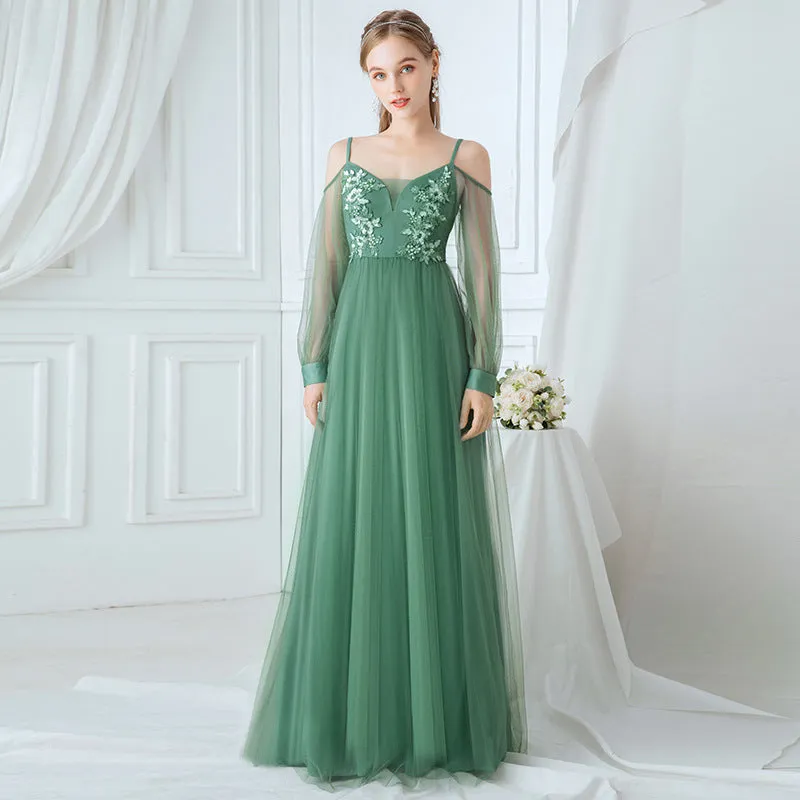 Fresh Light Green Soft Tullie Lace Appliques Beading Floor-length Formal Gown