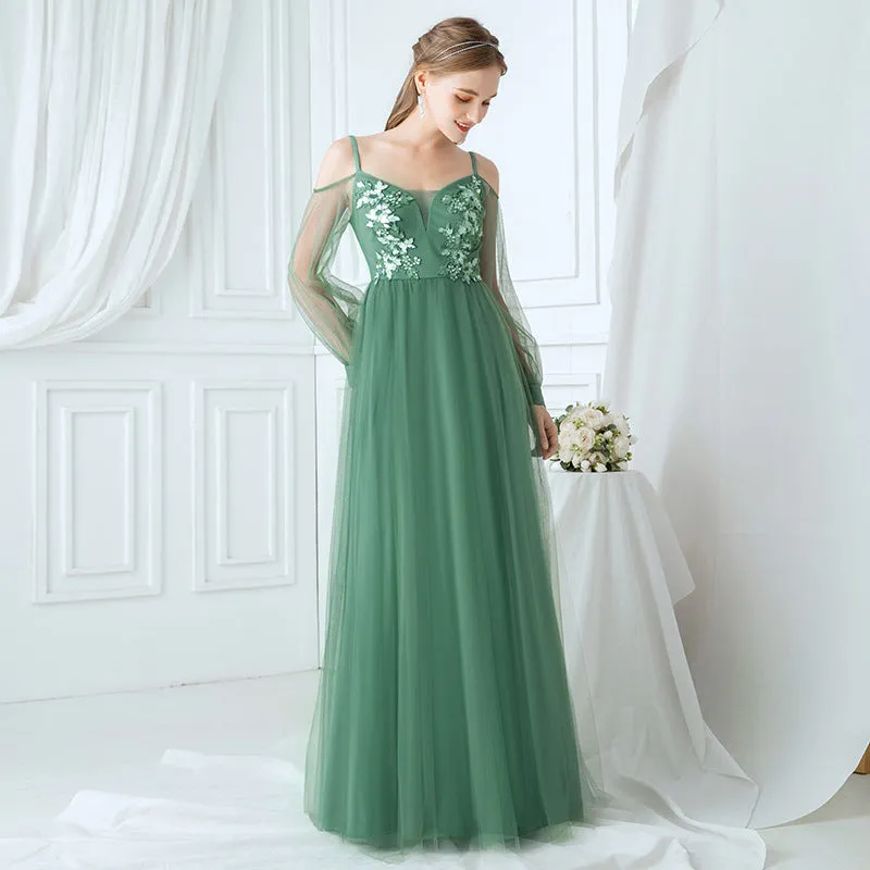 Fresh Light Green Soft Tullie Lace Appliques Beading Floor-length Formal Gown