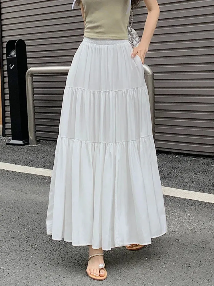 Getadme Elegant Solid Maxi Skirt Women  Spring Summer Korean Casual Patchwork Pockets A Line High Waist Long Skirt Female