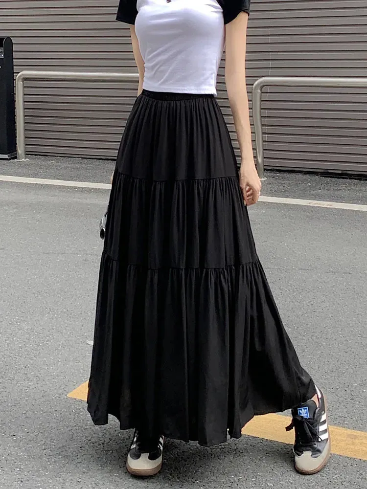 Getadme Elegant Solid Maxi Skirt Women  Spring Summer Korean Casual Patchwork Pockets A Line High Waist Long Skirt Female