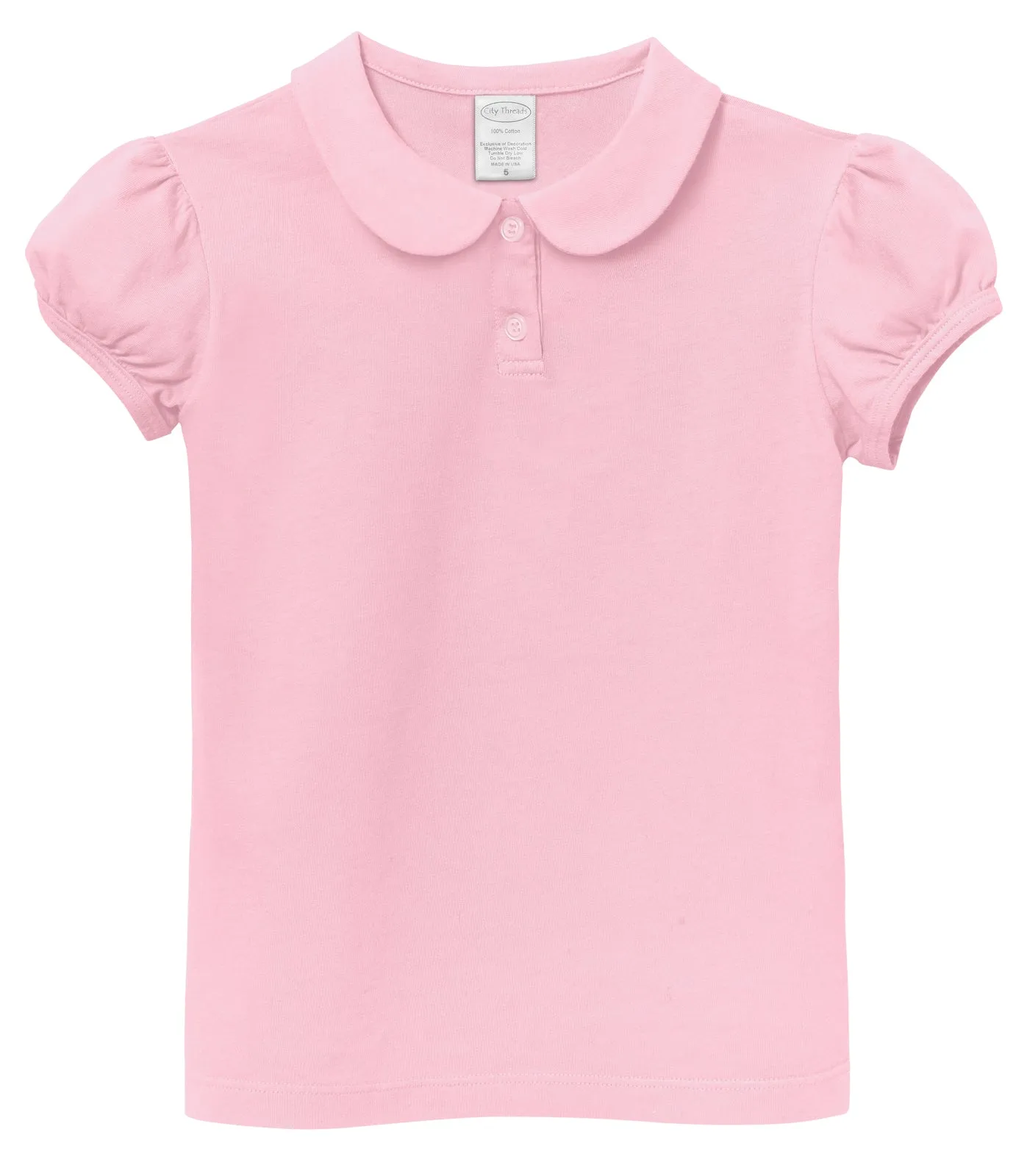 Girls Soft Cotton Jersey Peter Pan Collar Polo Puff Short Sleeve Tee-Seconds | Damage Bright Light Pink