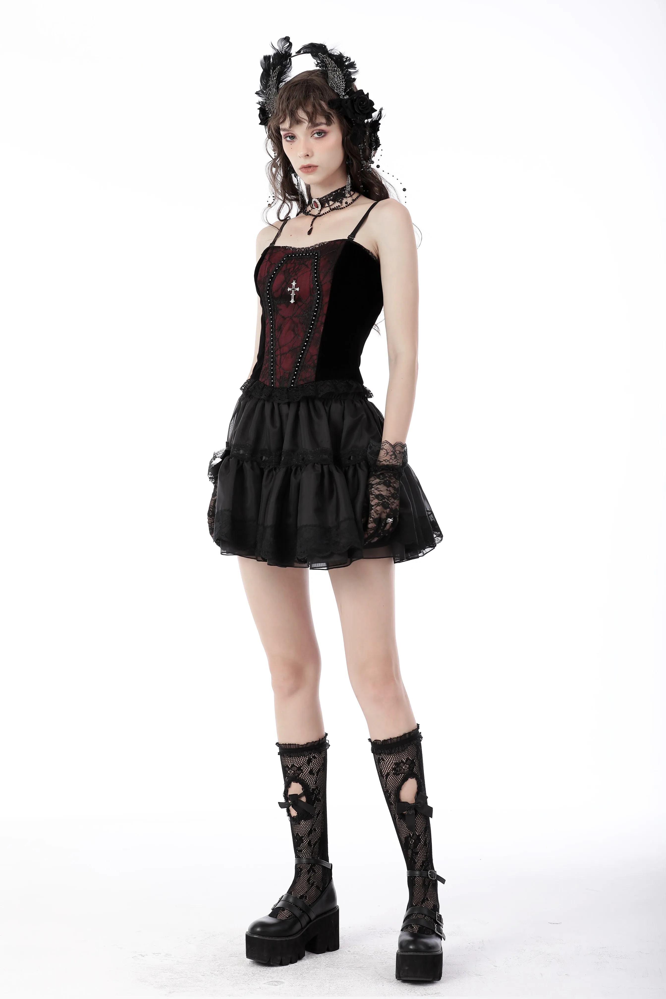 Gothic funeral dark red dead cross strap top CW037