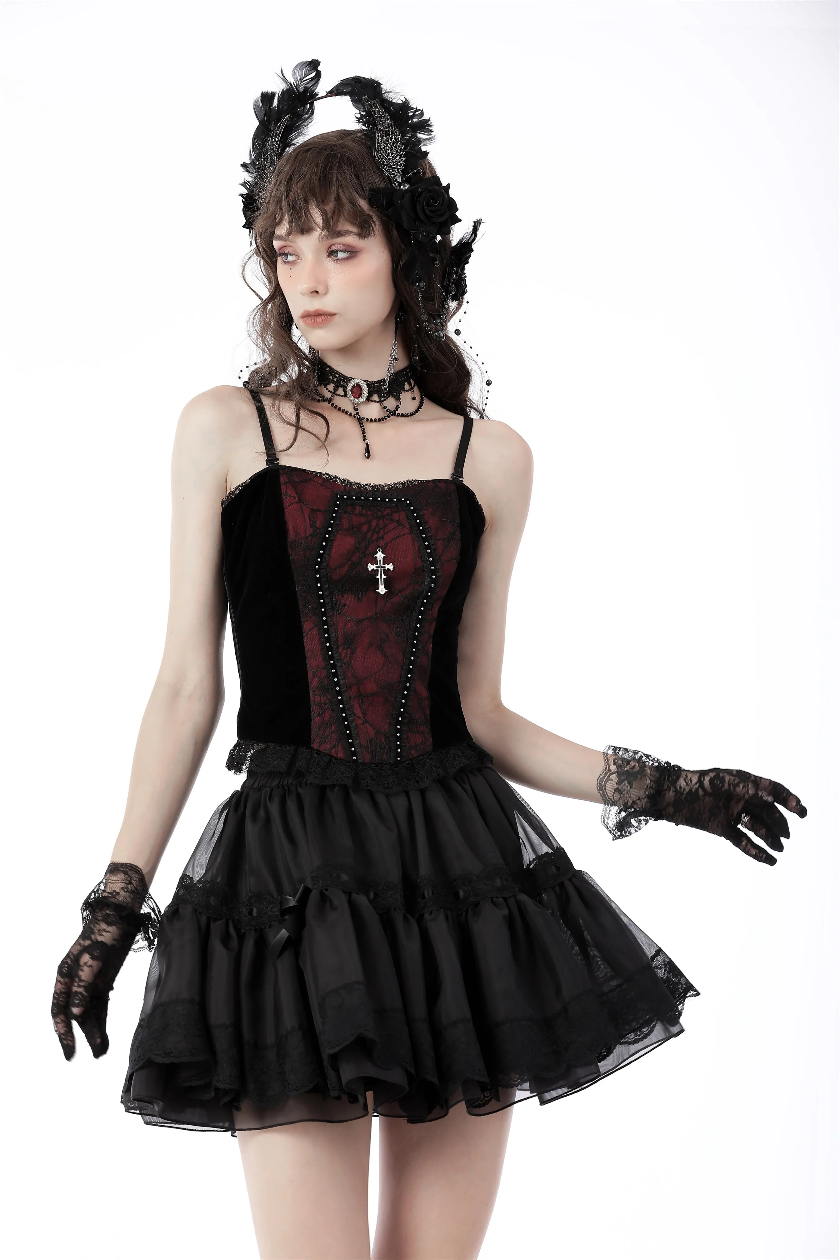 Gothic funeral dark red dead cross strap top CW037