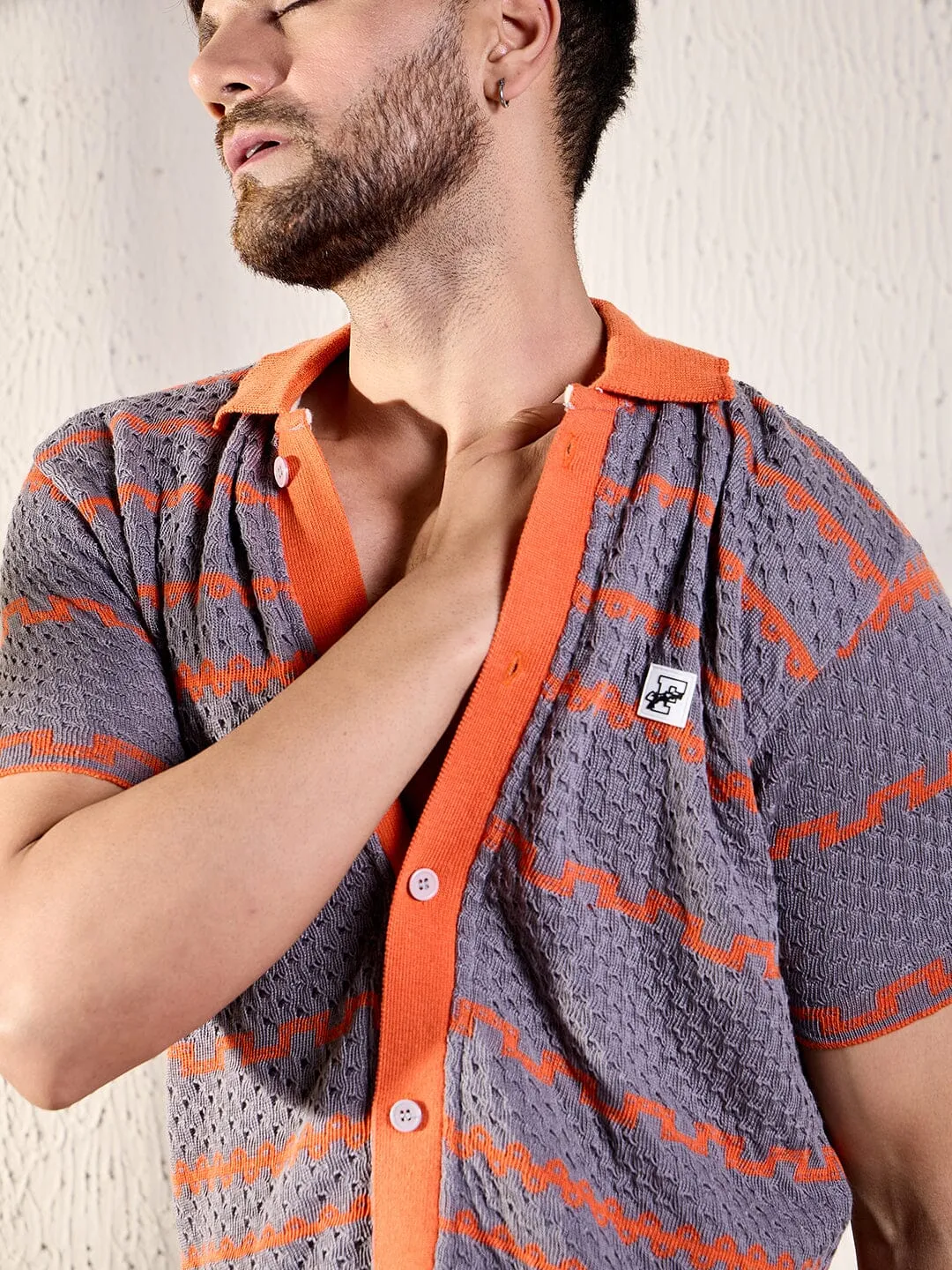 Grey And Orange Striped Crochet Shirt