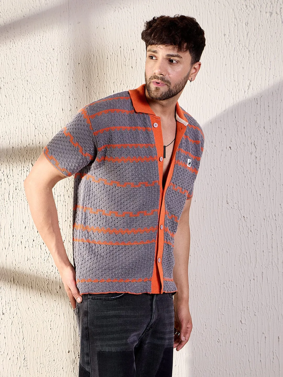 Grey And Orange Striped Crochet Shirt