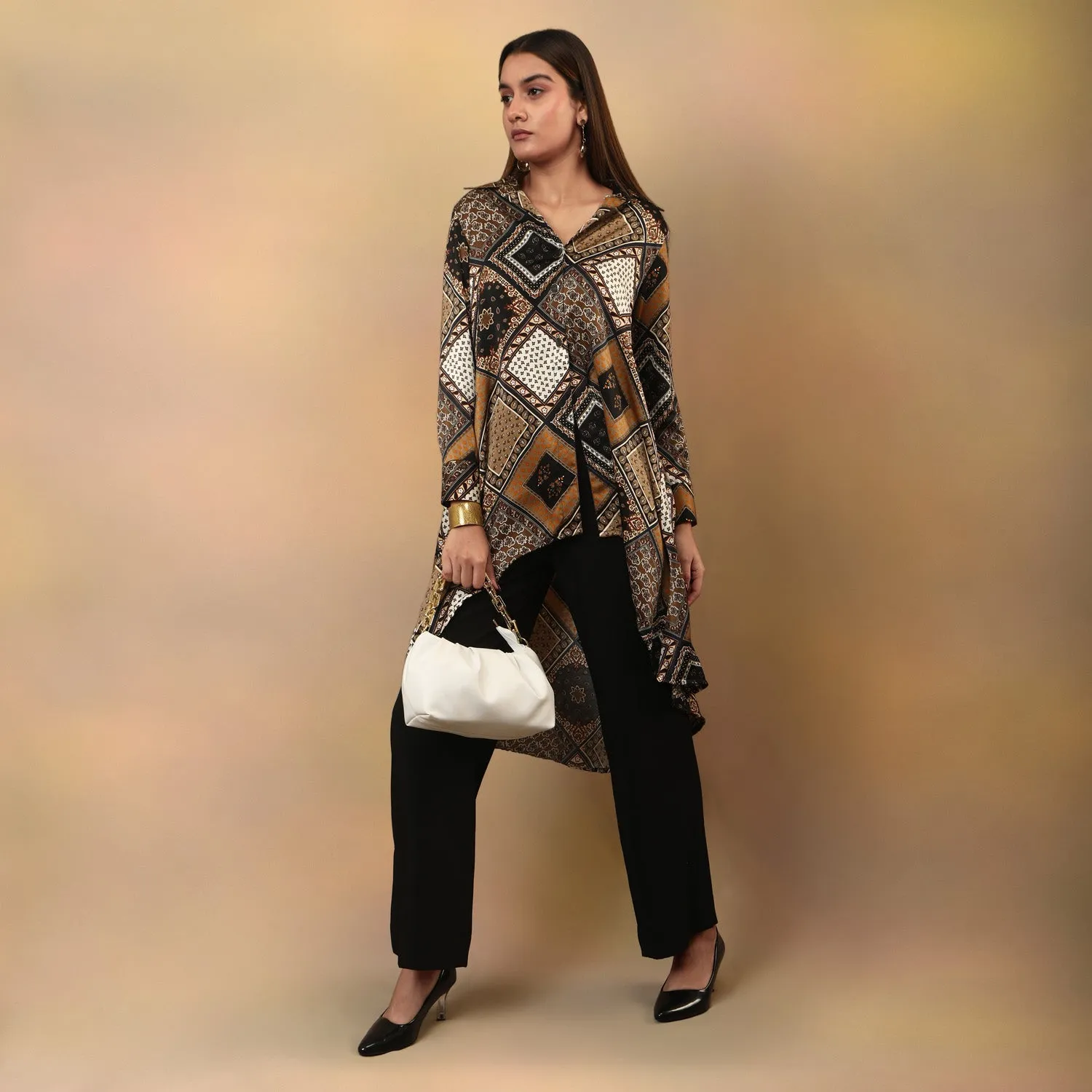 High Low Flared Kurta Brown Scarf Print