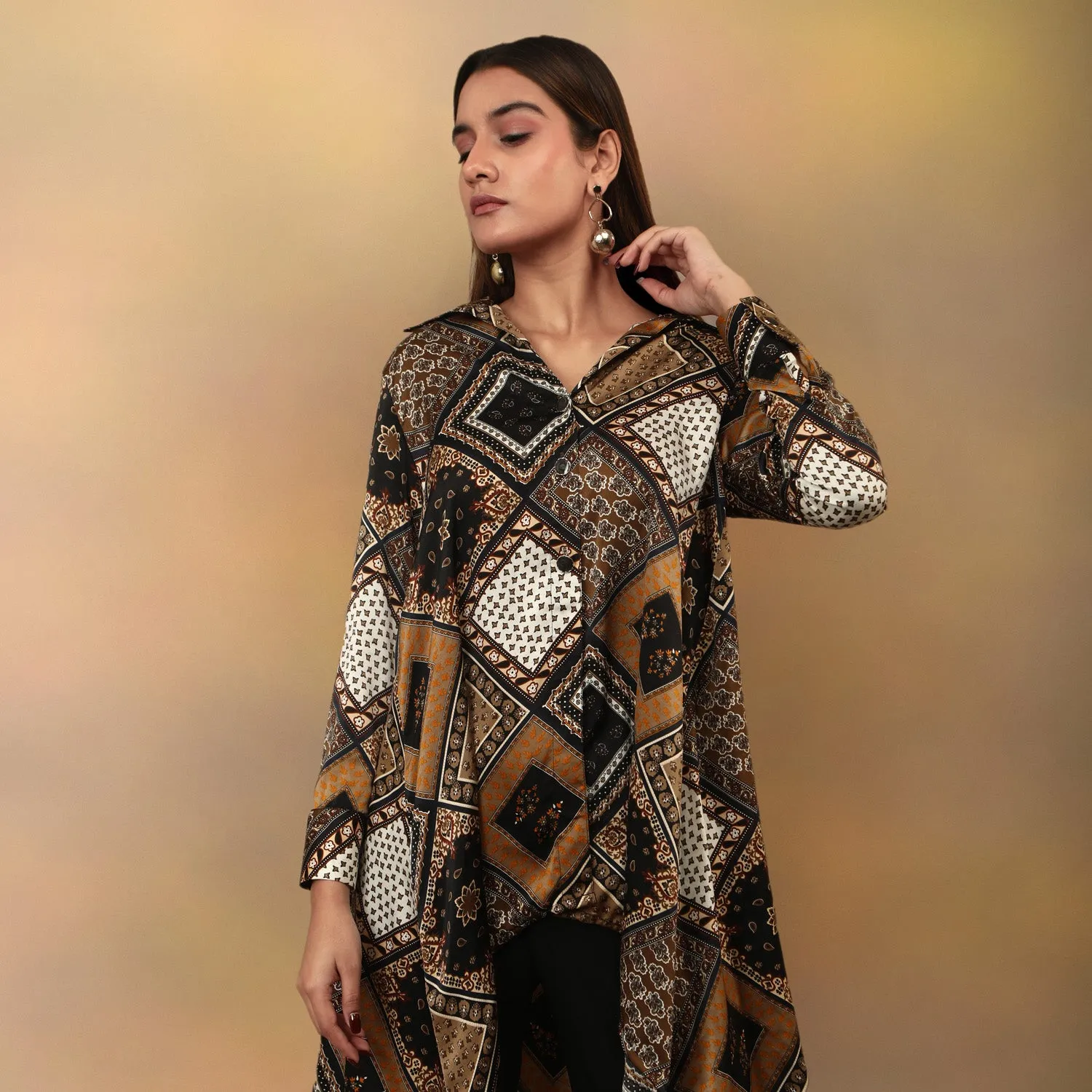 High Low Flared Kurta Brown Scarf Print