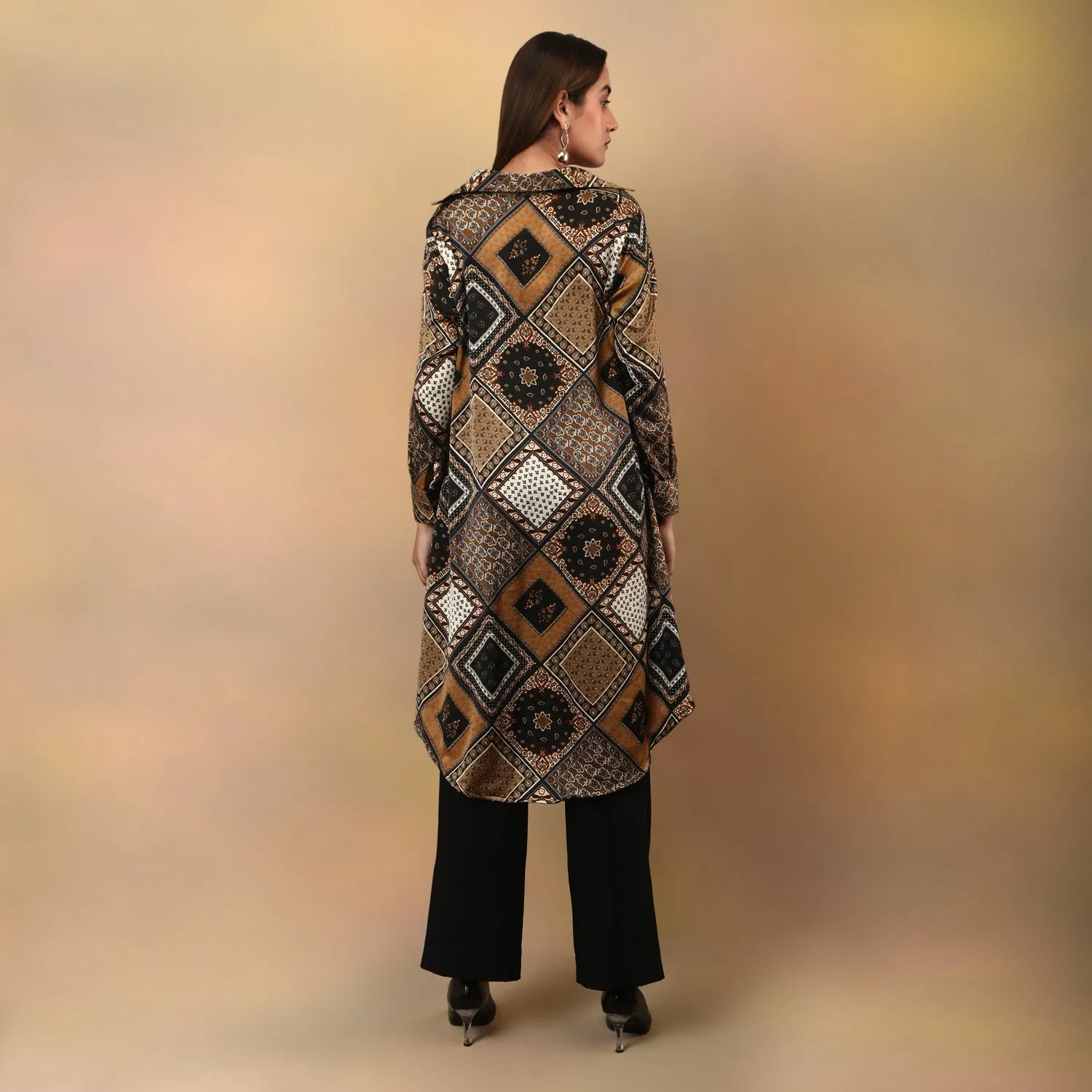 High Low Flared Kurta Brown Scarf Print