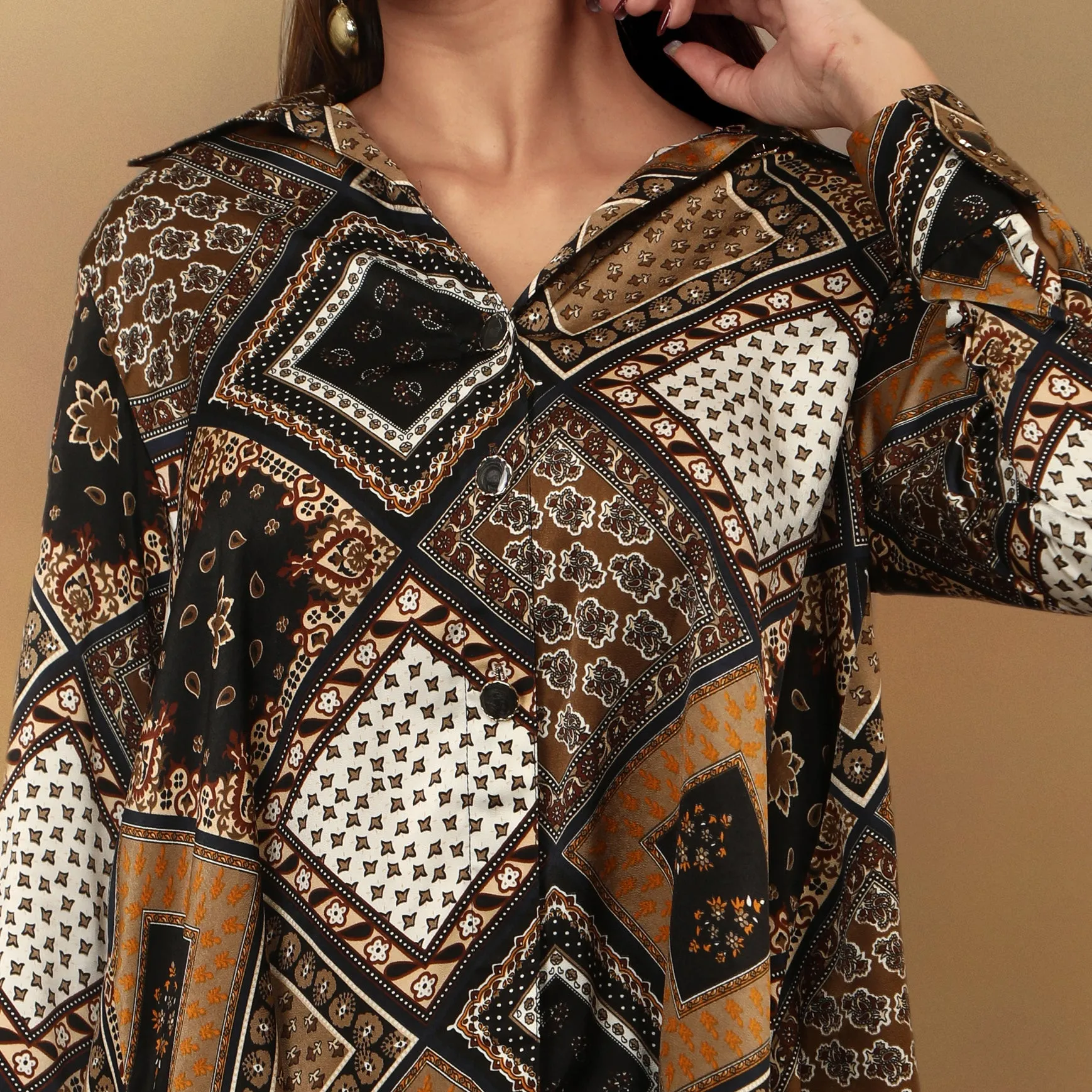 High Low Flared Kurta Brown Scarf Print