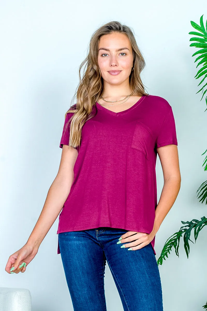 High Low V Neck T-Shirt with Short Sleeves and Patch Pocket (HT9314)