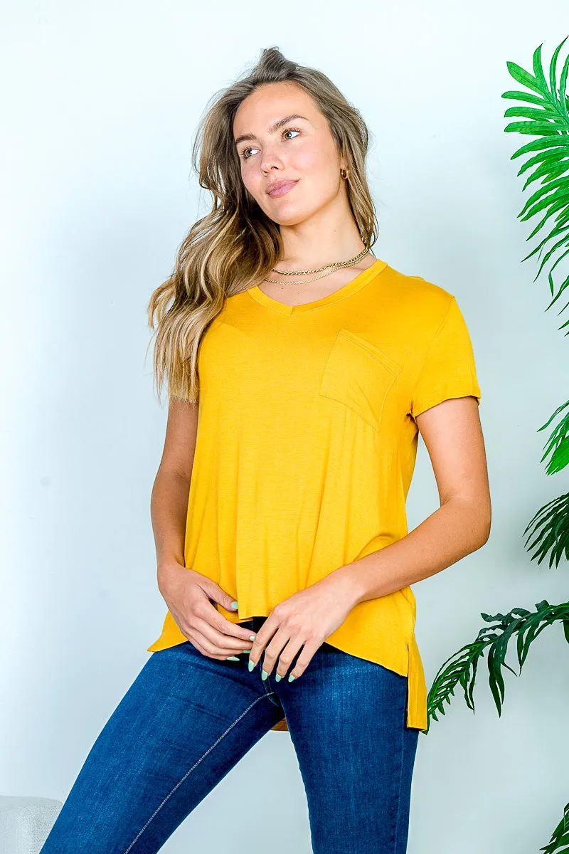 High Low V Neck T-Shirt with Short Sleeves and Patch Pocket (HT9314)