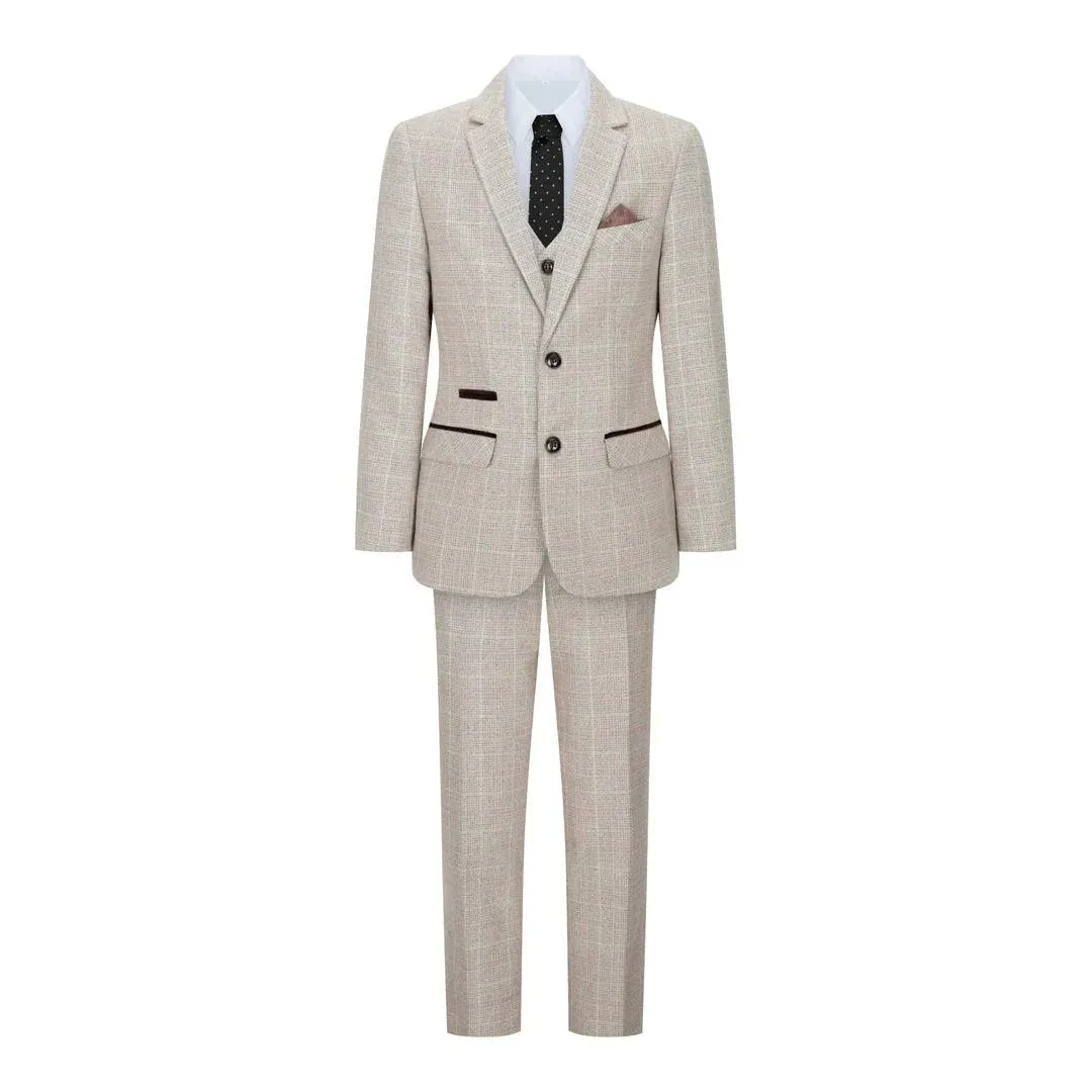 holland - Men's Boys Check Tweed Beige Brown 3 Piece Suit Wedding Prom