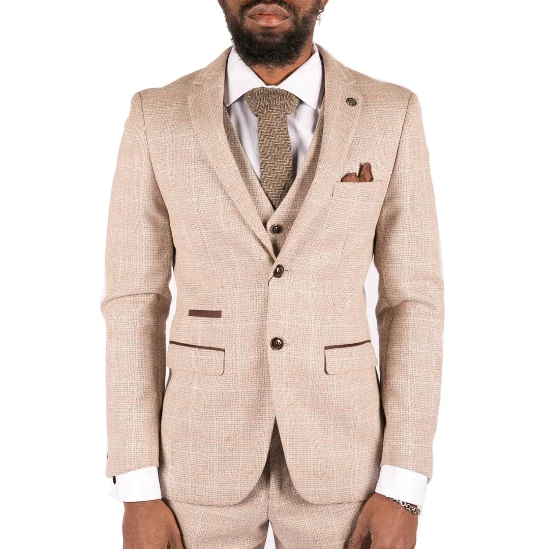 holland - Men's Boys Check Tweed Beige Brown 3 Piece Suit Wedding Prom