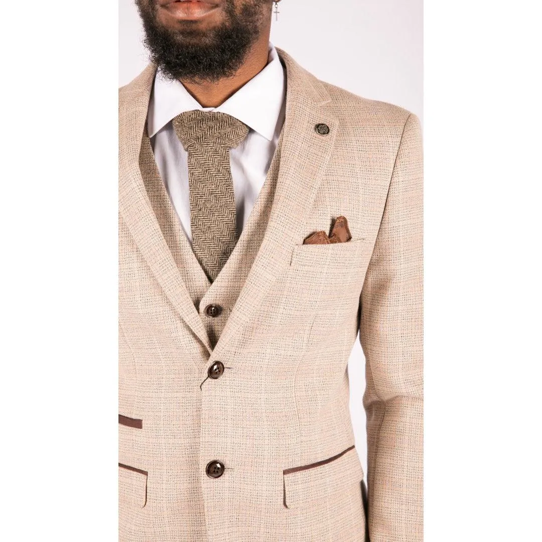 holland - Men's Boys Check Tweed Beige Brown 3 Piece Suit Wedding Prom