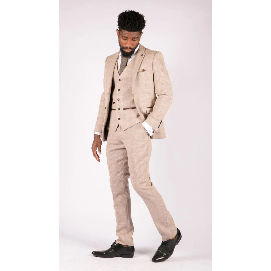 holland - Men's Boys Check Tweed Beige Brown 3 Piece Suit Wedding Prom