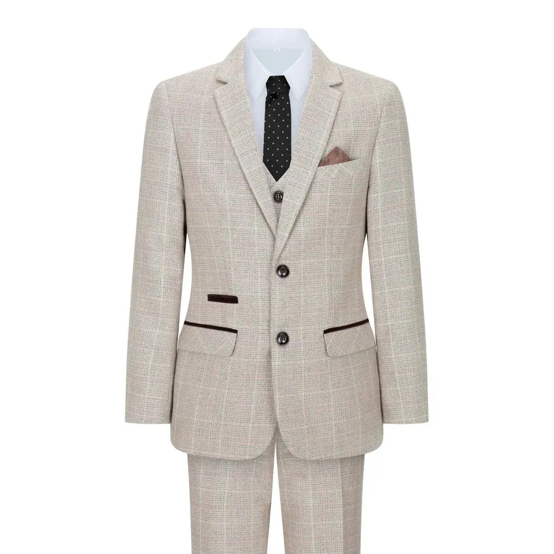 holland - Men's Boys Check Tweed Beige Brown 3 Piece Suit Wedding Prom