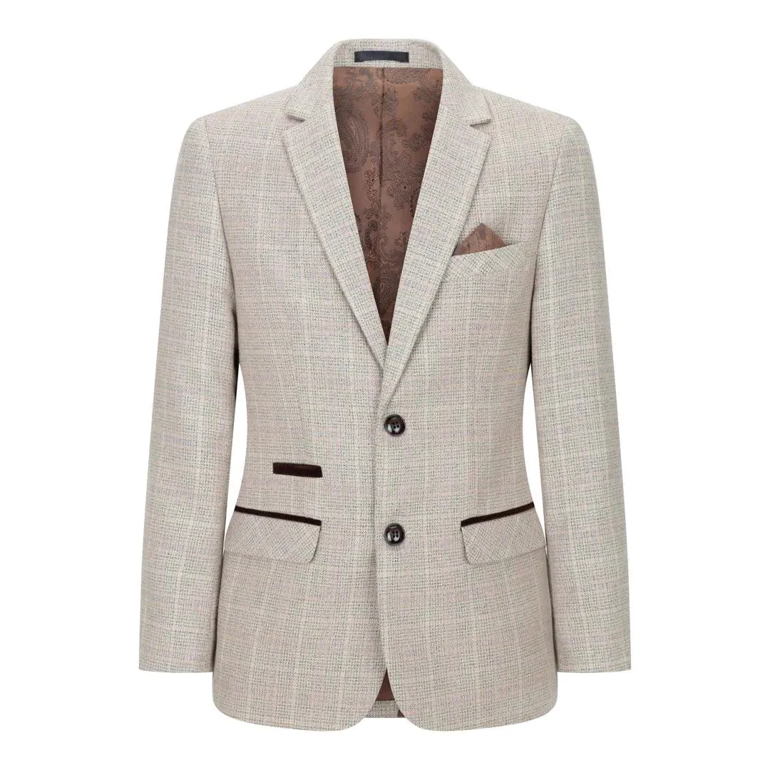 holland - Men's Boys Check Tweed Beige Brown 3 Piece Suit Wedding Prom